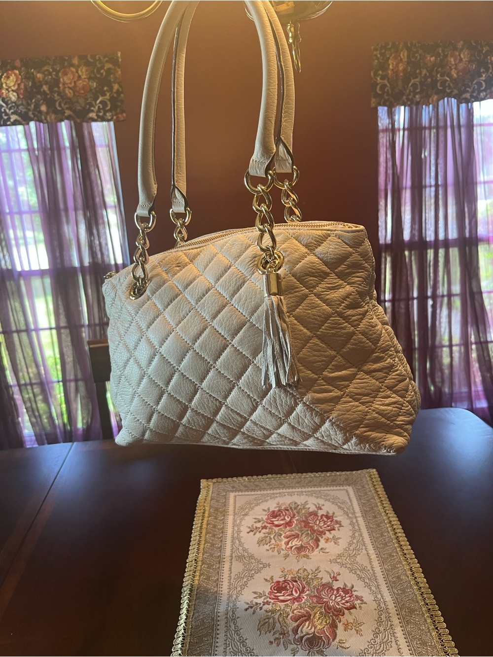 Calvin Klein Quilted Cream Tote with Gold Chain and Tassel